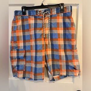 Tommy Bahama Blue-Orange-Khaki Plaid Swim Trunks shorts in Size medium